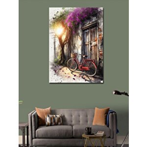 Kanvas Tablo Kırmızı Retro Bisiklet Ve Ev 100x140 cm