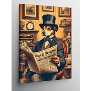Kanvas Tablo Gazete Okuyan Takım Elbiseli Köpek