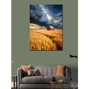 Kanvas Tablo Buğday Tarlası Ve Kırmızı Ev 100x140 cm