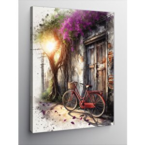 Kanvas Tablo Kırmızı Retro Bisiklet Ve Ev