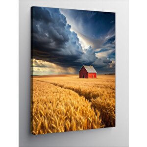 Kanvas Tablo Buğday Tarlası Ve Kırmızı Ev 70x100 cm