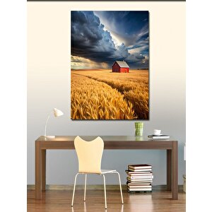 Kanvas Tablo Buğday Tarlası Ve Kırmızı Ev 70x100 cm