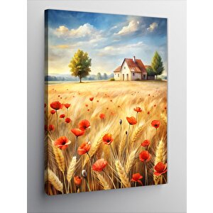 Kanvas Tablo Kırmızı Çiçekler Ve Buğday Tarlası 100x140 cm