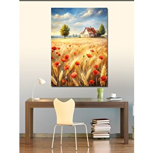 Kanvas Tablo Kırmızı Çiçekler Ve Buğday Tarlası 100x140 cm