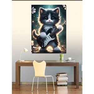 Kanvas Tablo Elektro Gitar Çalan Sevimli Kedi 70x100 cm
