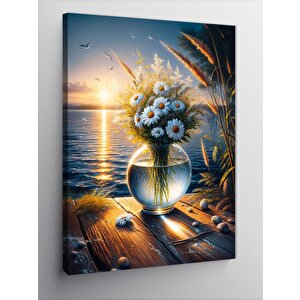 Kanvas Tablo Vazodaki Papatyalar Ve Gün Batımı 70x100 cm