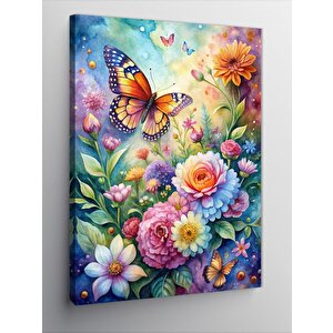Kanvas Tablo Renkli Çiçekler Ve Kelebek 70x100 cm