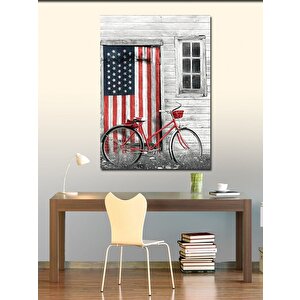 Kanvas Tablo Amerikan Bayraklı Kapı Ve Retro Bisiklet