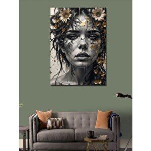 Kanvas Tablo Altın Sarısı Çiçekler Ve Kadın 70x100 cm