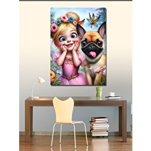 Kanvas Tablo Pembe Elbiseli Kız Ve Köpek 70x100 cm