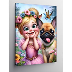 Kanvas Tablo Pembe Elbiseli Kız Ve Köpek