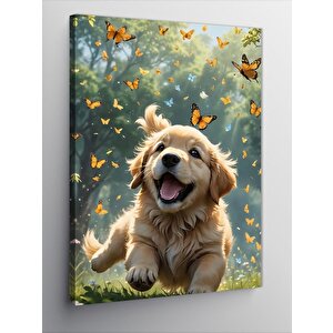 Kanvas Tablo Golden Köpek Ve Kelebekler