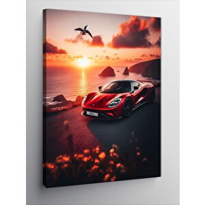 Kanvas Tablo Gün Batımı Ve Kırmızı Spor Araba 70x100 cm