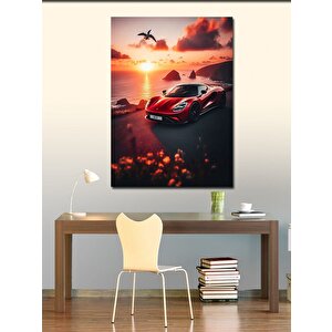 Kanvas Tablo Gün Batımı Ve Kırmızı Spor Araba 70x100 cm