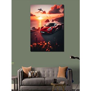Kanvas Tablo Gün Batımı Ve Kırmızı Spor Araba 70x100 cm