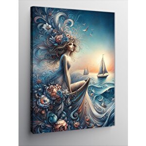 Kanvas Tablo Çiçek Desenli Kadın Ve Deniz 100x140 cm