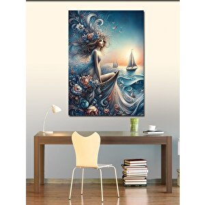 Kanvas Tablo Çiçek Desenli Kadın Ve Deniz 100x140 cm