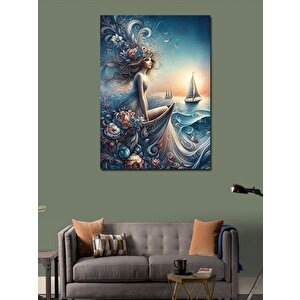 Kanvas Tablo Çiçek Desenli Kadın Ve Deniz 100x140 cm