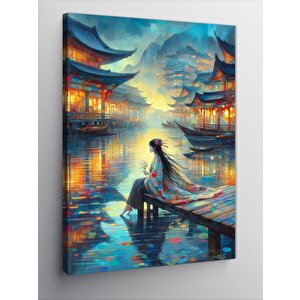 Kanvas Tablo Japon Kadın Ve Nilüfer Çiçekleri 100x140 cm