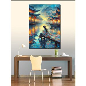 Kanvas Tablo Japon Kadın Ve Nilüfer Çiçekleri 100x140 cm