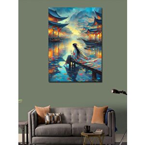 Kanvas Tablo Japon Kadın Ve Nilüfer Çiçekleri 100x140 cm