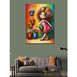 Kanvas Tablo Pembe Elbiseli Kız Ve Çiçekler 70x100 cm