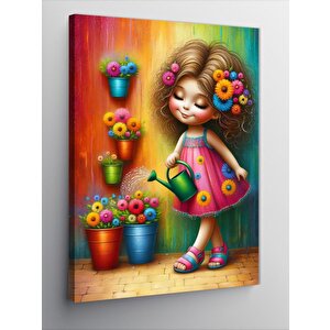 Kanvas Tablo Pembe Elbiseli Kız Ve Çiçekler 100x140 cm