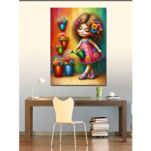 Kanvas Tablo Pembe Elbiseli Kız Ve Çiçekler 100x140 cm