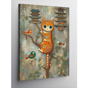 Kanvas Tablo Ağaca Tırmanan Kedi Ve Kuşlar 100x140 cm