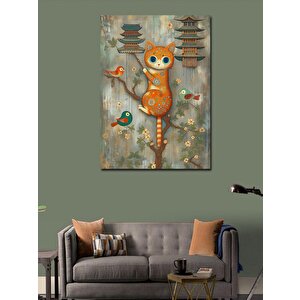 Kanvas Tablo Ağaca Tırmanan Kedi Ve Kuşlar 100x140 cm
