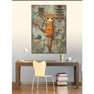 Kanvas Tablo Ağaca Tırmanan Kedi Ve Kuşlar