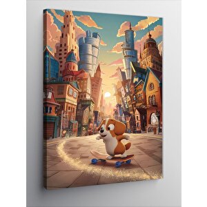 Kanvas Tablo Kaykay Yapan Köpek Ve Şehir 100x140 cm