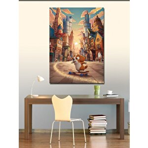 Kanvas Tablo Kaykay Yapan Köpek Ve Şehir 100x140 cm