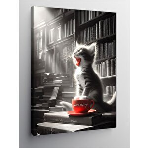 Kanvas Tablo Esneyen Kedi Ve Fincan
