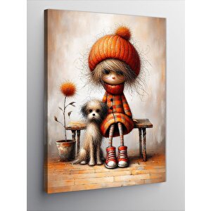 Kanvas Tablo Kırmızı Bereli Kız Ve Köpek 70x100 cm