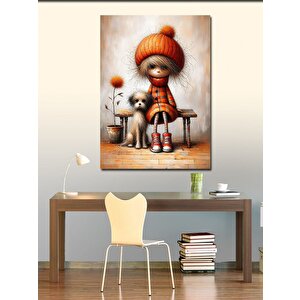 Kanvas Tablo Kırmızı Bereli Kız Ve Köpek 100x140 cm
