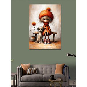 Kanvas Tablo Kırmızı Bereli Kız Ve Köpek 100x140 cm