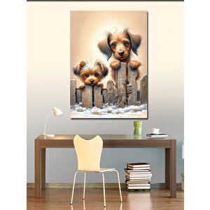 Kanvas Tablo Çitin Arkasındaki Üzgün Köpekler 100x140 cm