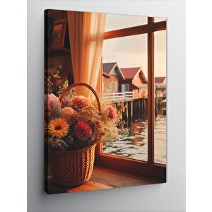 Kanvas Tablo Pencere Kenarındaki Çiçek Sepeti 70x100 cm