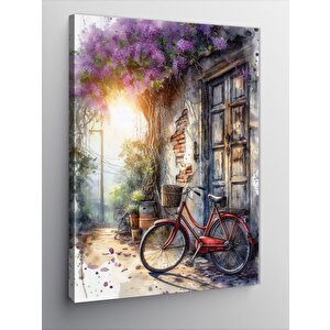 Kanvas Tablo Kırmızı Retro Bisiklet Ve Ev