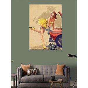 Kanvas Tablo Kırmızı Klasik Araba Ve Sarı Elbisli Kız 100x140 cm