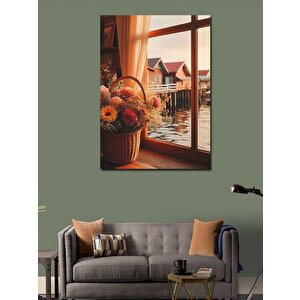 Kanvas Tablo Pencere Kenarındaki Çiçek Sepeti 100x140 cm
