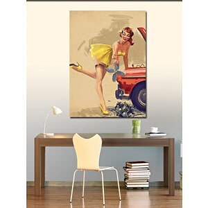 Kanvas Tablo Kırmızı Klasik Araba Ve Sarı Elbisli Kız 70x100 cm