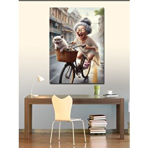 Kanvas Tablo Bisiklet Süren Kadın Ve Korkan Kedi 70x100 cm