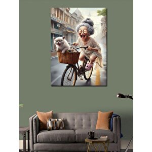 Kanvas Tablo Bisiklet Süren Kadın Ve Korkan Kedi 70x100 cm