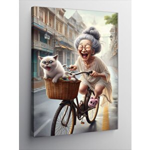 Kanvas Tablo Bisiklet Süren Kadın Ve Korkan Kedi