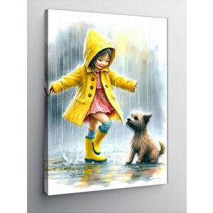 Kanvas Tablo Sarı Yağmurlıklu Çocuk Ve Köpek