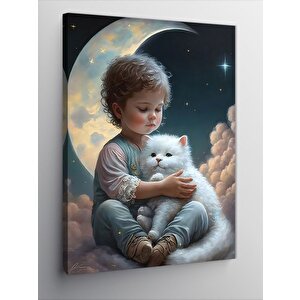 Kanvas Tablo Beyaz Kedi Ve Çocuk