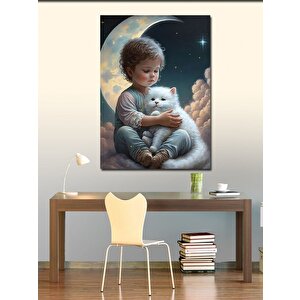 Kanvas Tablo Beyaz Kedi Ve Çocuk