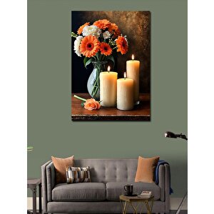 Kanvas Tablo Vazoda Çiçekler Ve Mum 70x100 cm